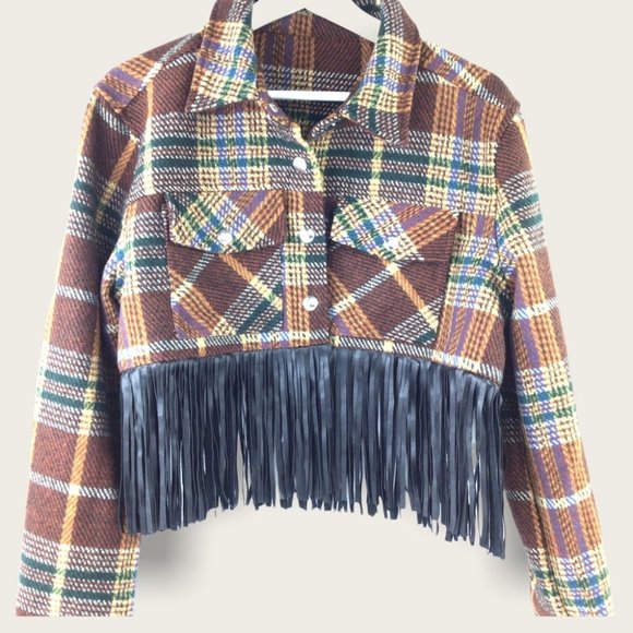 Blank NYC Jackets & Blazers - Blank NYC Plaid Cropped Shacket w/Fringe, Size Small NWT